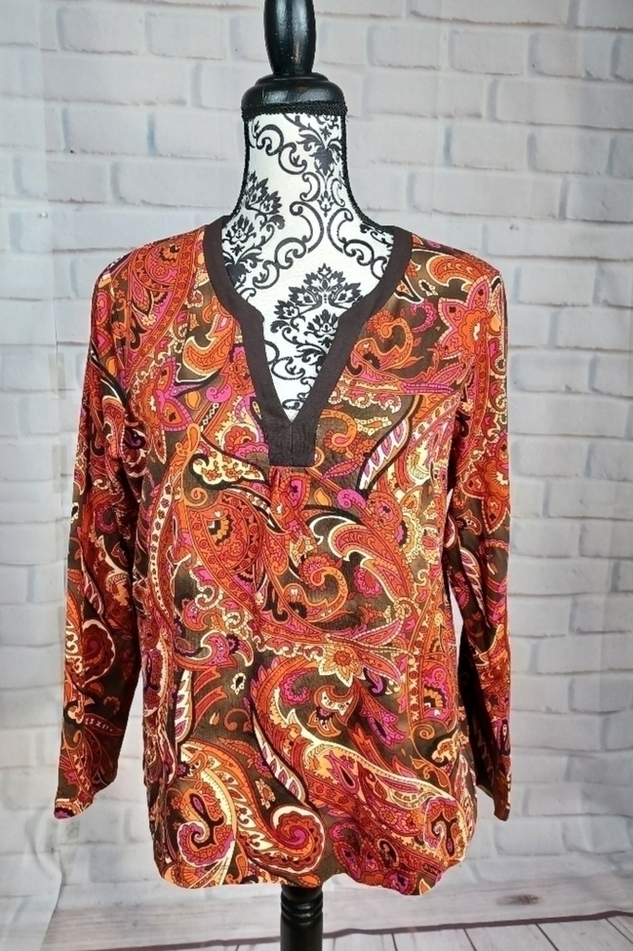 Talbots women's long sleeve paisley print stretch knit popover top size 1XP b17